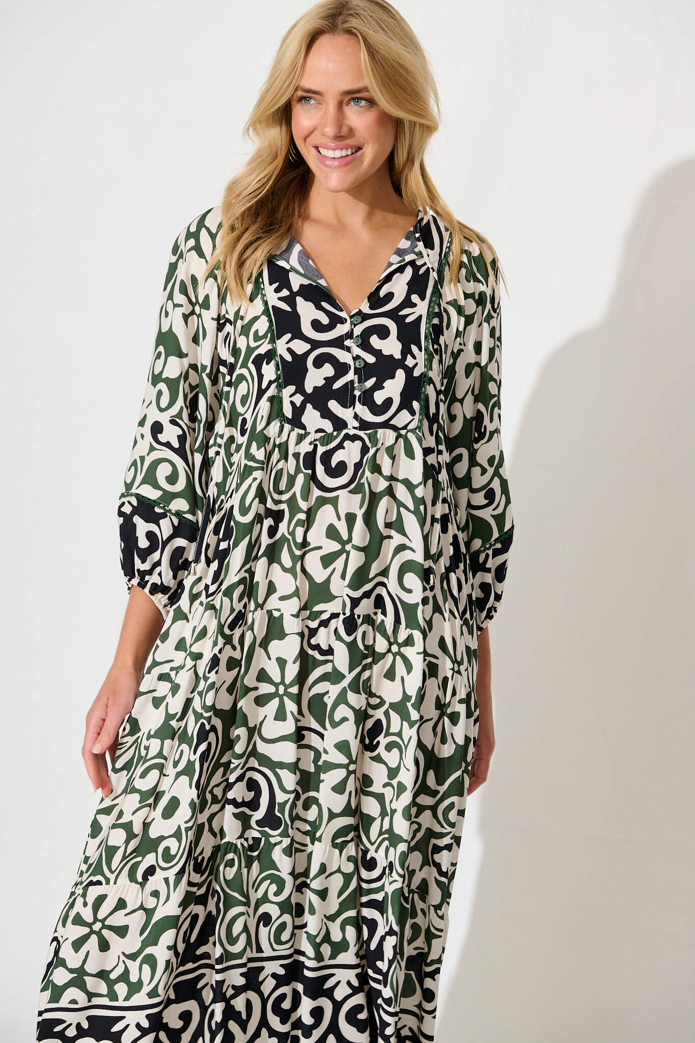 Barrymore Midi Smock Dress in Black and Green Print