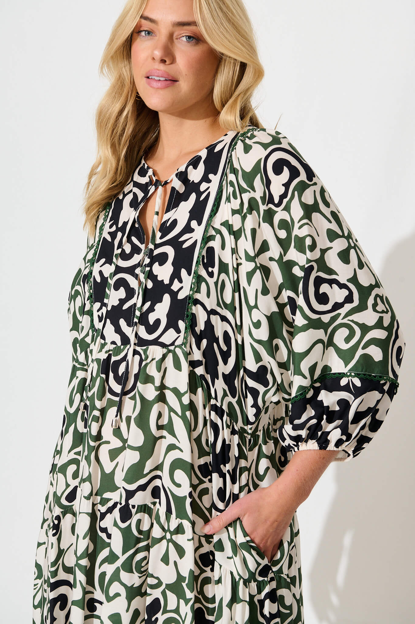 Barrymore Midi Smock Dress in Black and Green Print