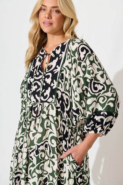 Barrymore Midi Smock Dress in Black and Green Print