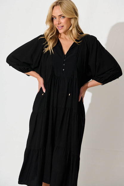 Barrymore Midi Smock Dress in Black