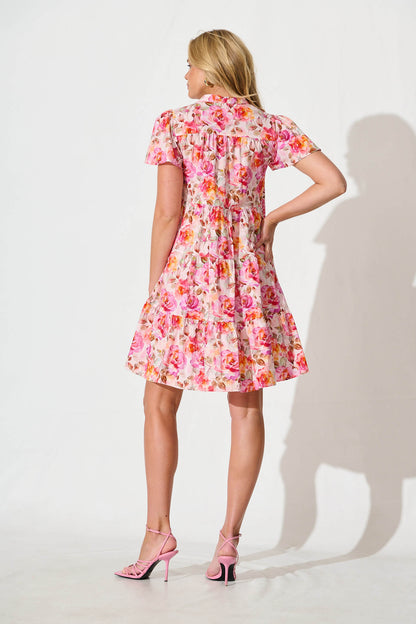 Saldana Smock Dress In Pink with Purple Floral Cotton
