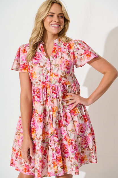 Saldana Smock Dress In Pink with Purple Floral Cotton