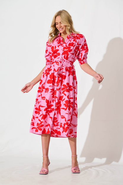 Scottdale Midi Shirt Dress in Pink with Red Floral Cotton