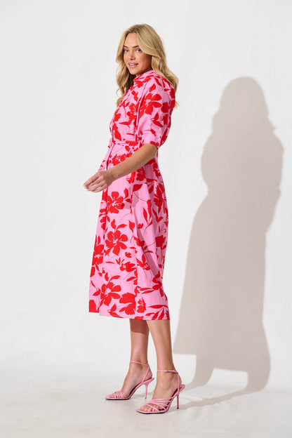 Scottdale Midi Shirt Dress in Pink with Red Floral Cotton