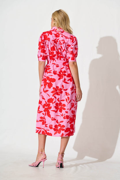 Scottdale Midi Shirt Dress in Pink with Red Floral Cotton