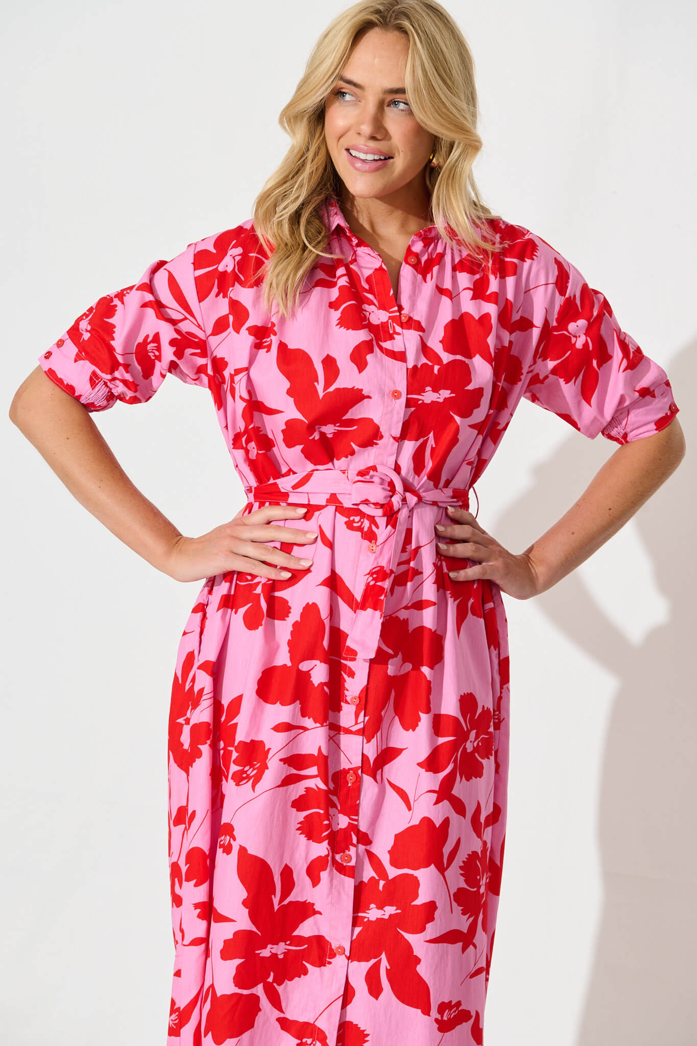 Scottdale Midi Shirt Dress in Pink with Red Floral Cotton