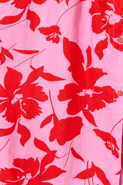 Scottdale Midi Shirt Dress in Pink with Red Floral Cotton