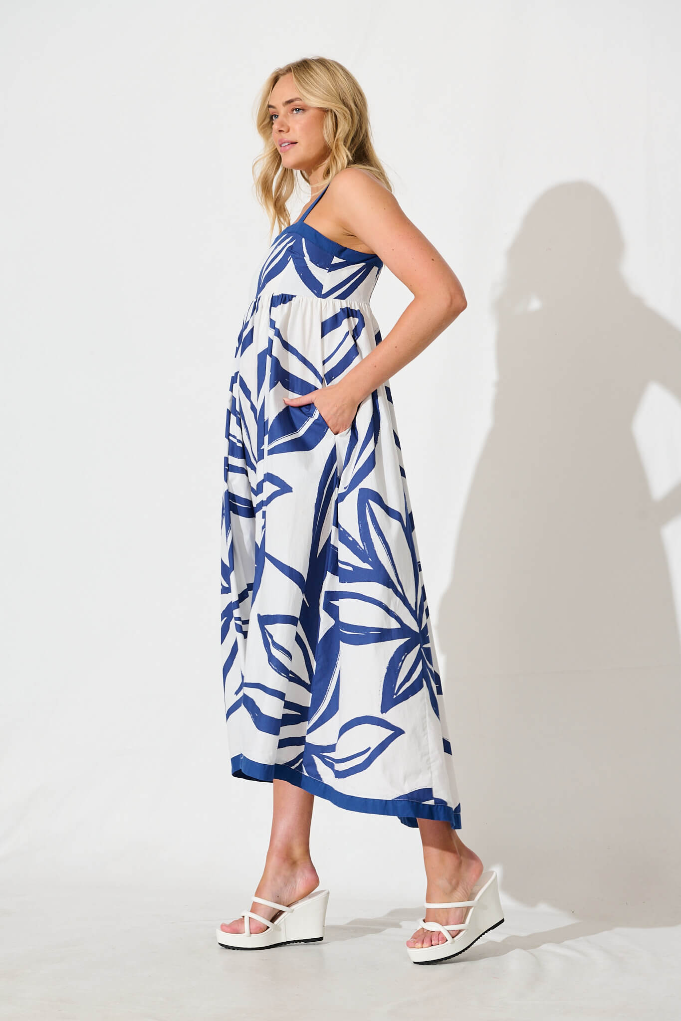 Liandra Maxi Sundress in Blue and White Cotton