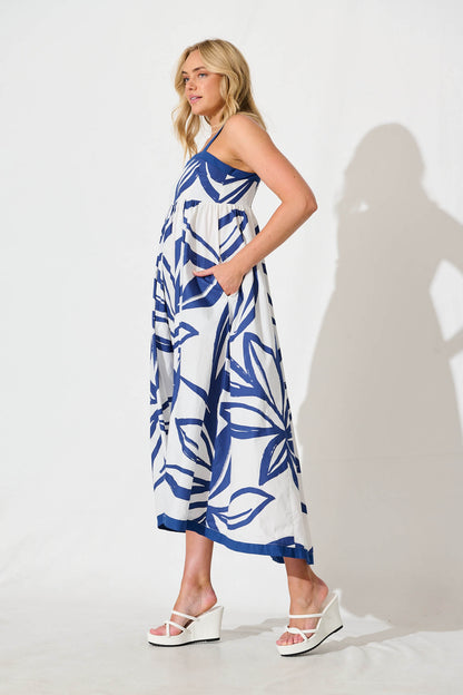 Liandra Maxi Sundress in Blue and White Cotton