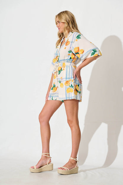 Maui Playsuit in Ivory with Lemon and Blue Print