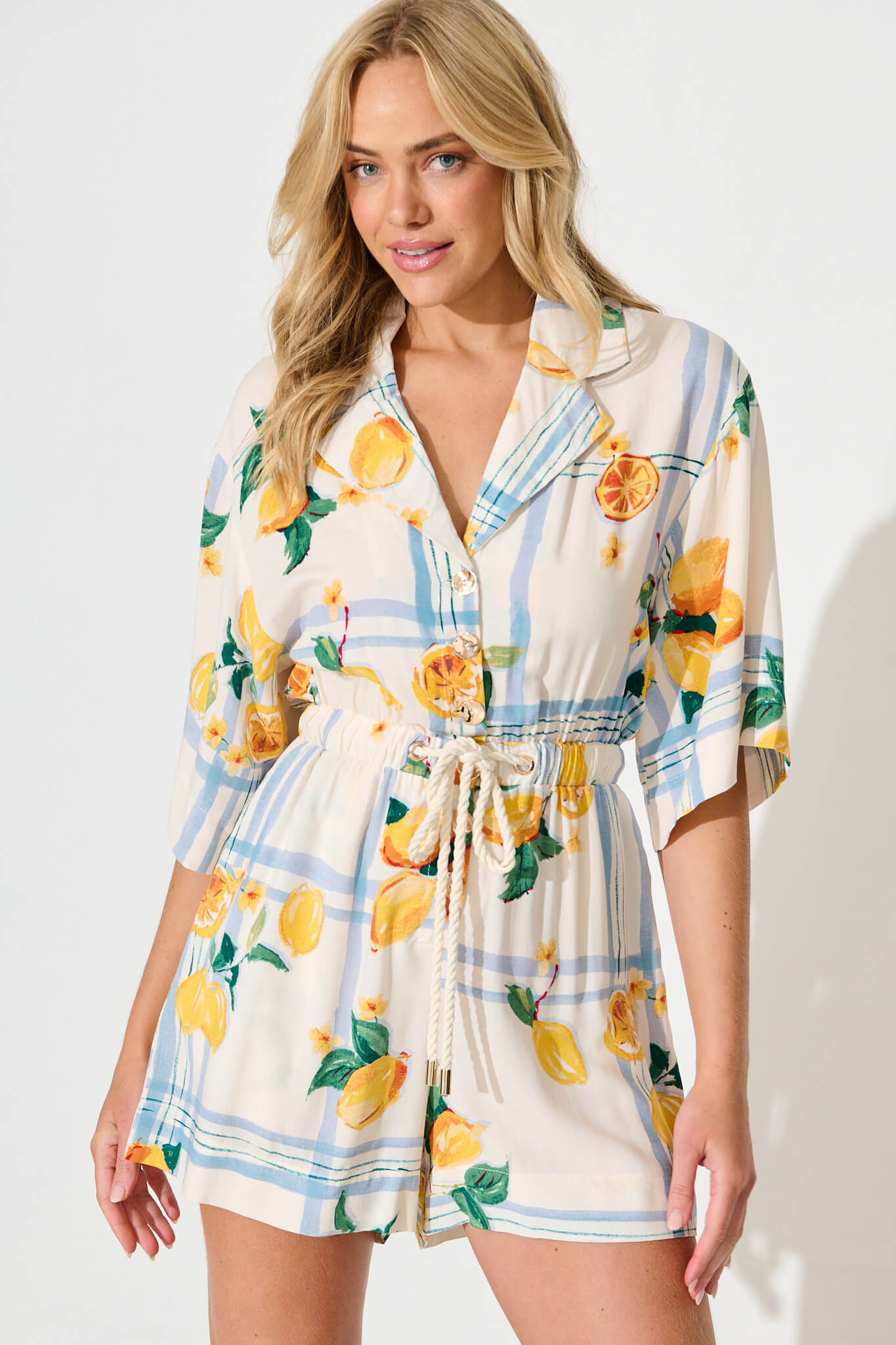 Maui Playsuit in Ivory with Lemon and Blue Print