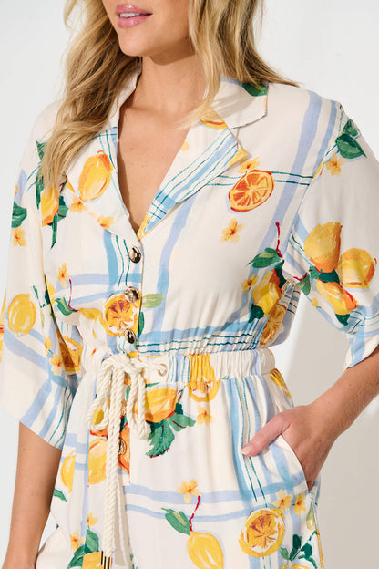 Maui Playsuit in Ivory with Lemon and Blue Print