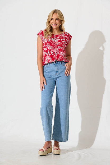 Rejina Top In Red with White Print