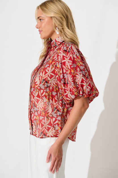 Aeryn Shirt in Rust Multi Leaf Print