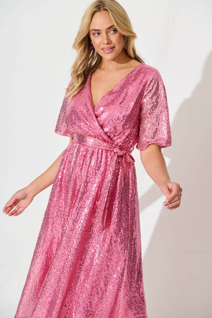 Winslet Midi Dress In Pink Sequin