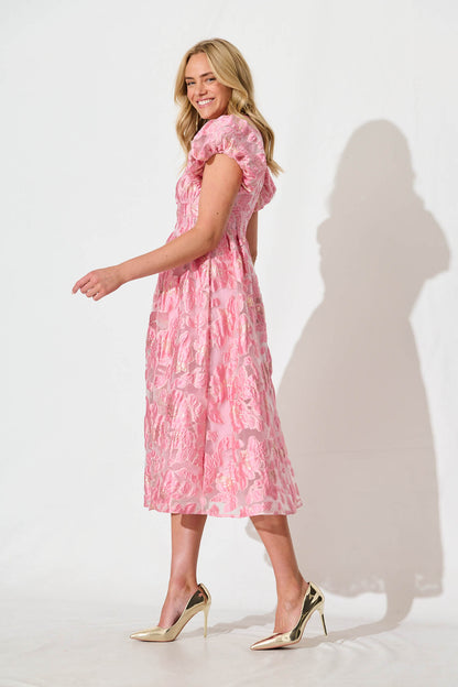 Cherish Midi Dress in Pink Floral Organza Jacquard