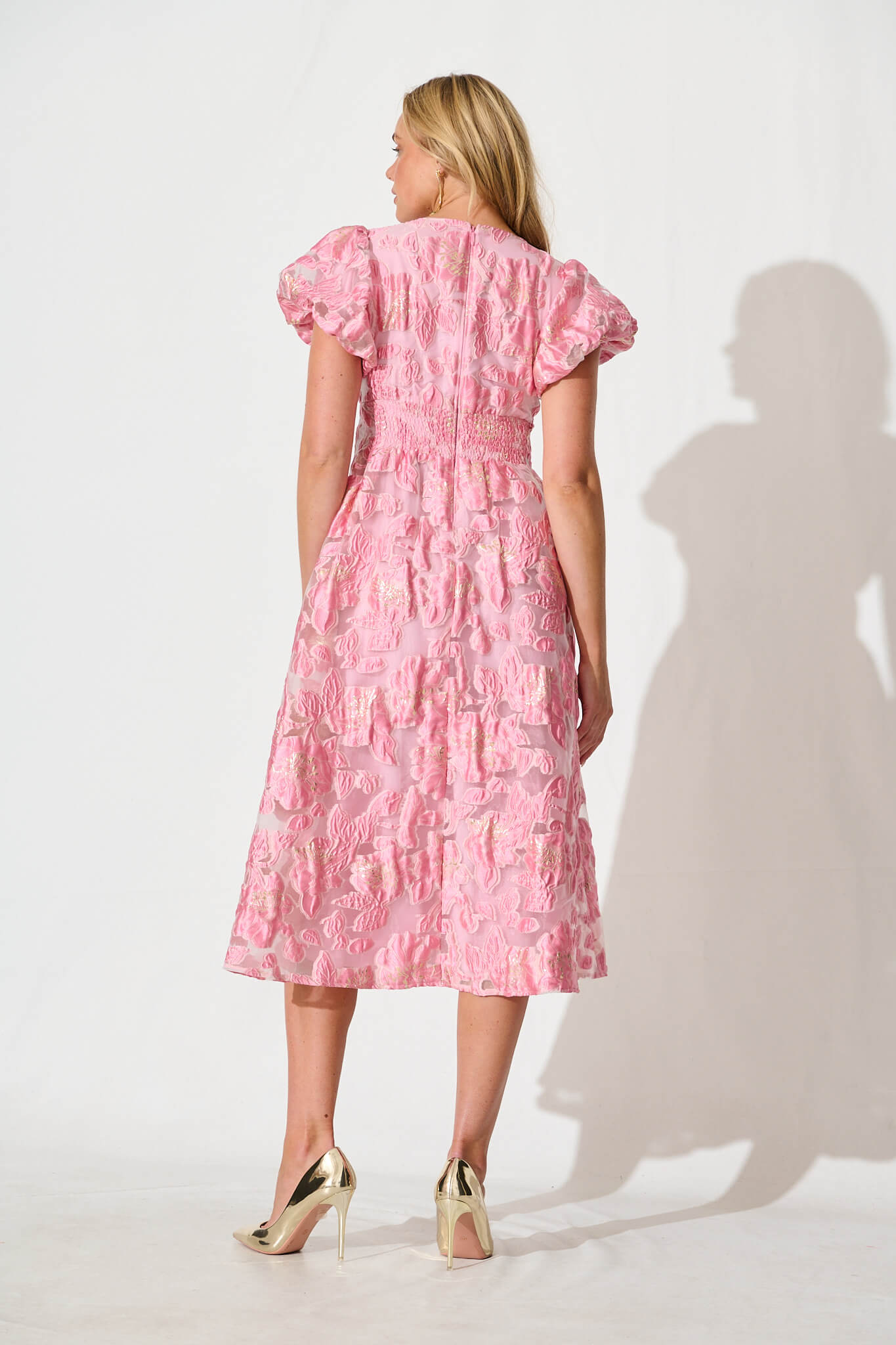 Cherish Midi Dress in Pink Floral Organza Jacquard