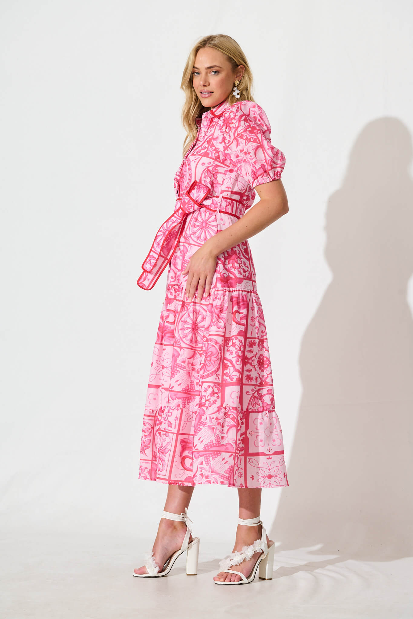 Katharena Maxi Shirt Dress in Pink and Red Tile Print