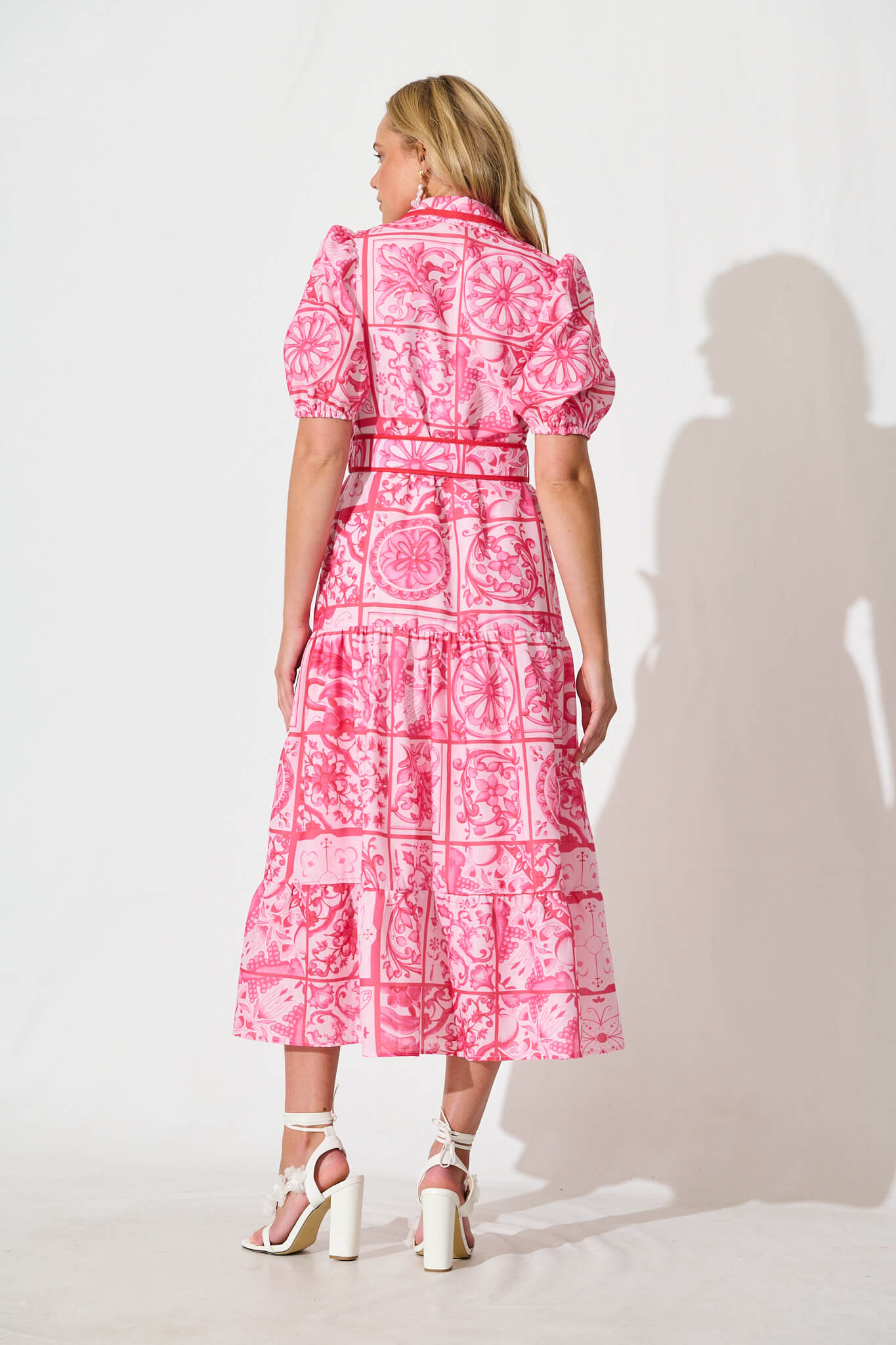 Katharena Maxi Shirt Dress in Pink and Red Tile Print