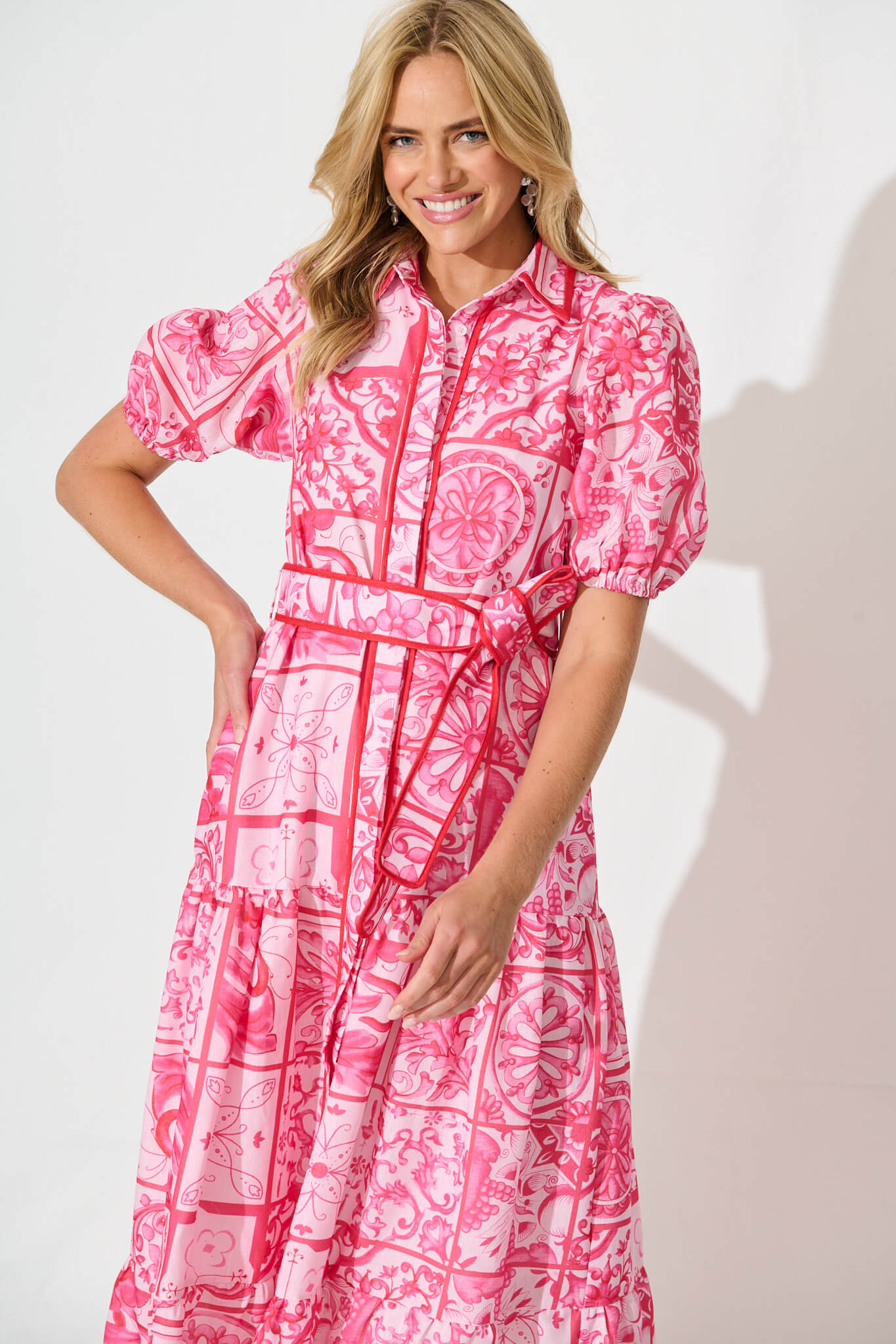 Katharena Maxi Shirt Dress in Pink and Red Tile Print