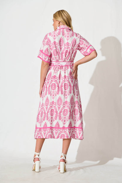Rosella Midi Shirt Dress in White with Pink Floral Print