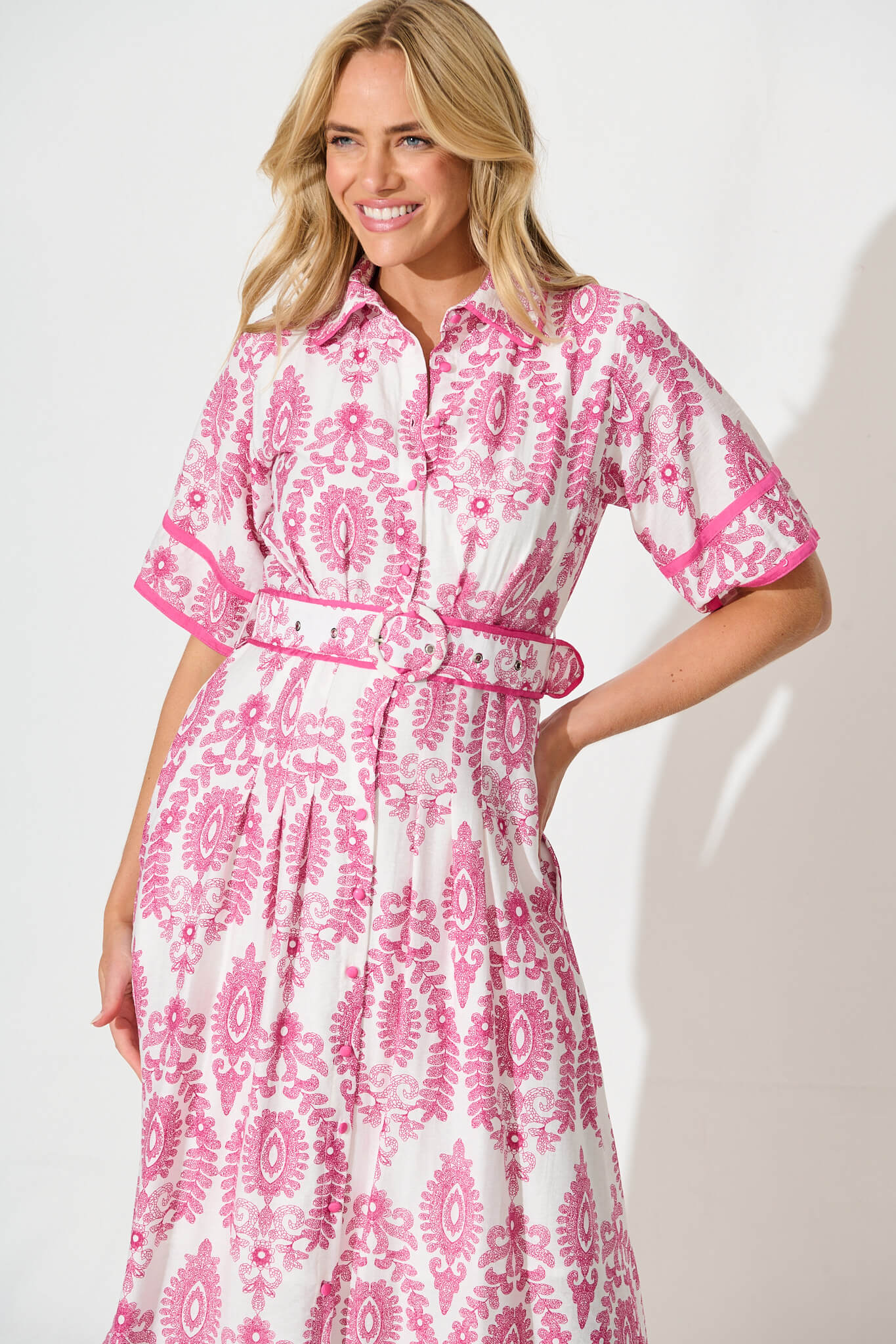 Rosella Midi Shirt Dress in White with Pink Floral Print
