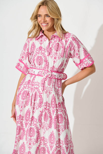 Rosella Midi Shirt Dress in White with Pink Floral Print