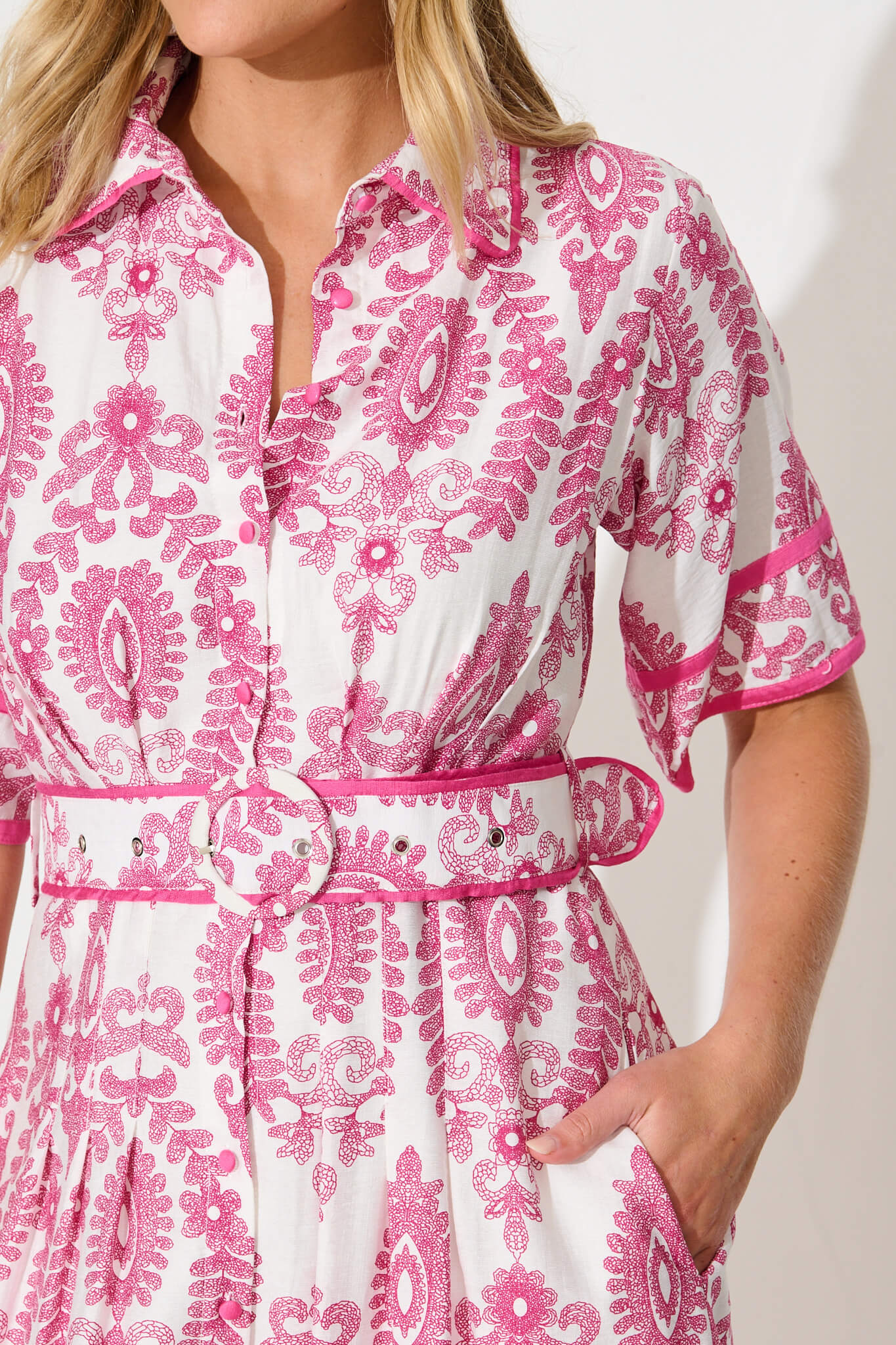 Rosella Midi Shirt Dress in White with Pink Floral Print