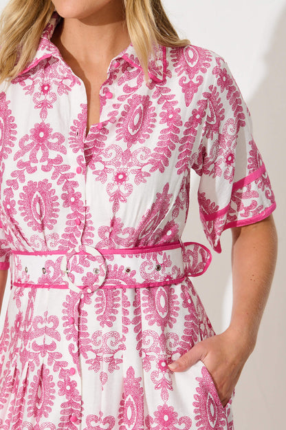 Rosella Midi Shirt Dress in White with Pink Floral Print
