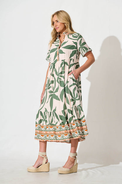 Elestria Midi Smock Dress in Cream with Green Leaf