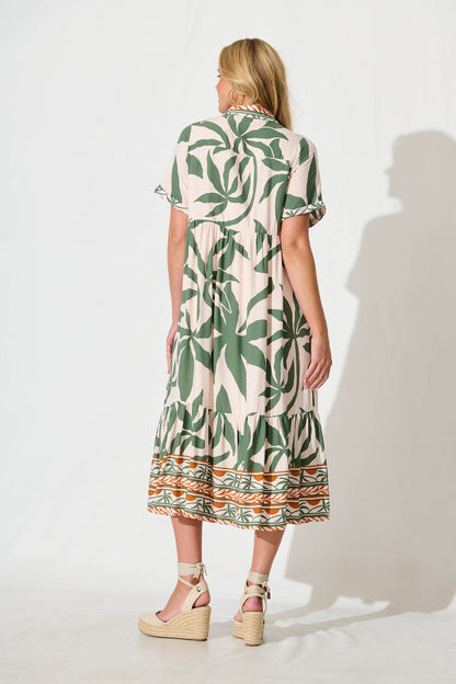 Elestria Midi Smock Dress in Cream with Green Leaf