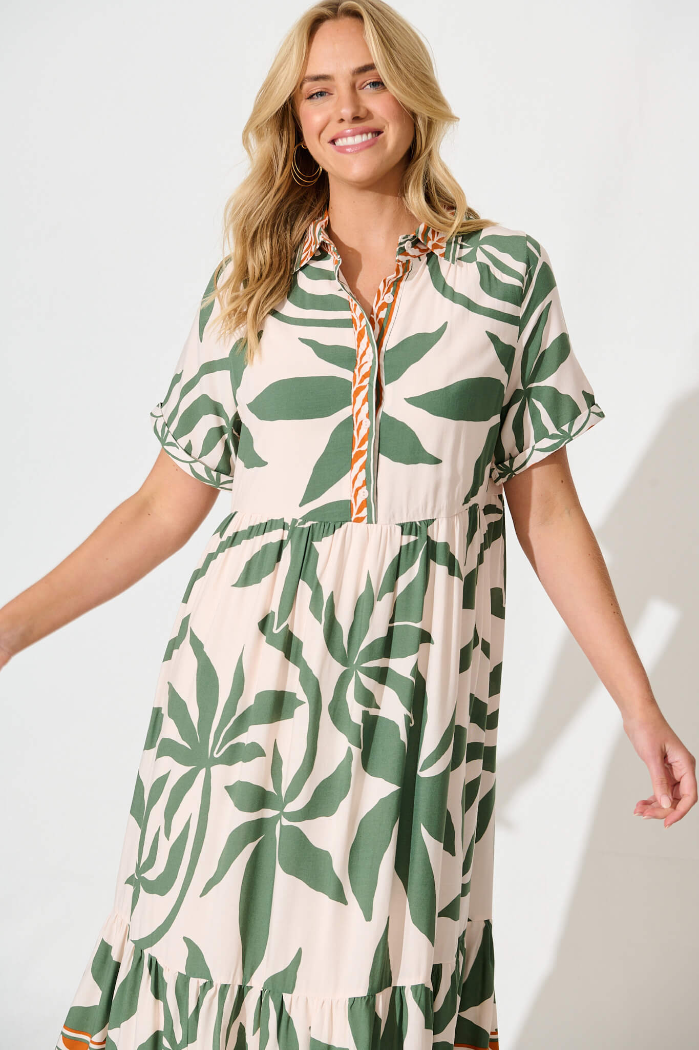Elestria Midi Smock Dress in Cream with Green Leaf