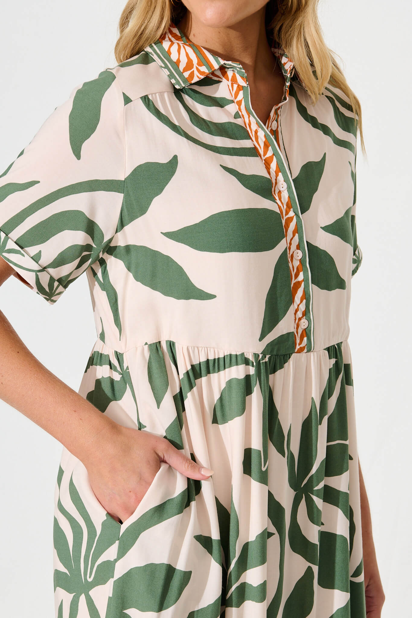 Elestria Midi Smock Dress in Cream with Green Leaf