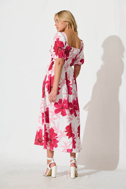 Mel Maxi Dress in White With Pink Flower Print