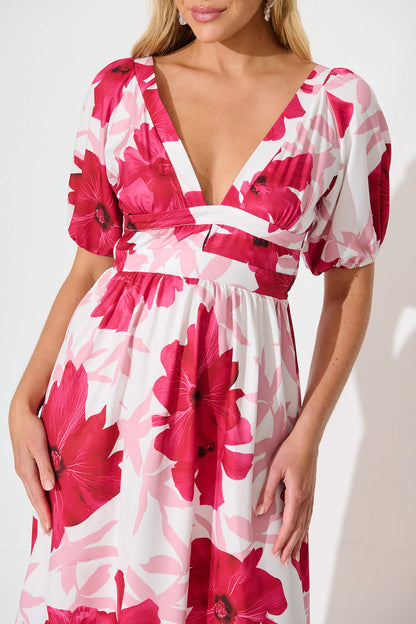 Mel Maxi Dress in White With Pink Flower Print
