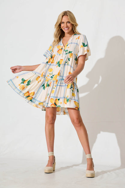 Tahnee Smock Dress in Ivory with Lemon and Blue Print