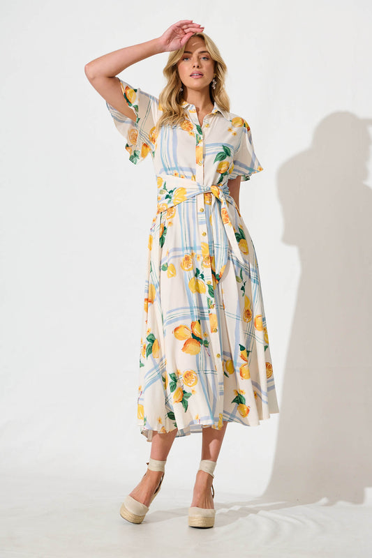 Bellarosa Maxi Shirt Dress in Ivory with Lemon and Blue Print