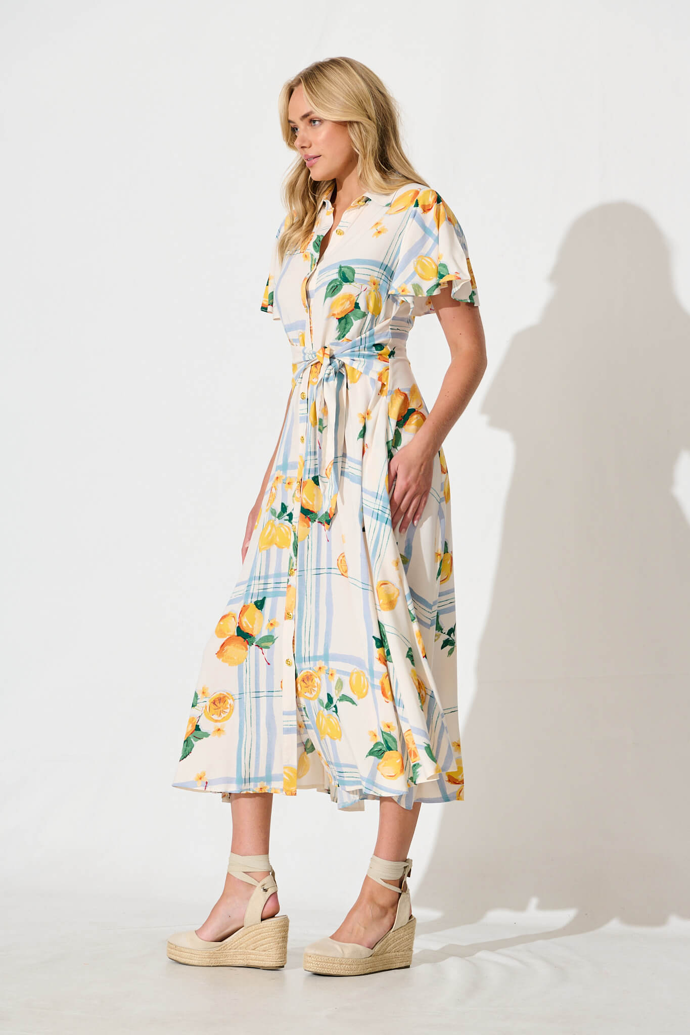 Bellarosa Maxi Shirt Dress in Ivory with Lemon and Blue Print