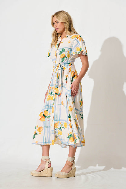 Bellarosa Maxi Shirt Dress in Ivory with Lemon and Blue Print