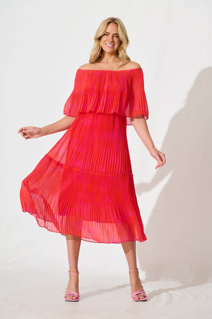 Arlette Midi Dress in Pink and Red Print
