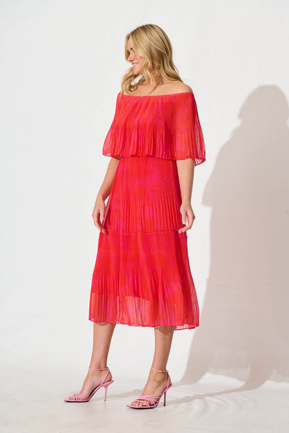 Arlette Midi Dress in Pink and Red Print