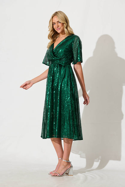 Winslet Midi Dress In Emerald Green Sequin