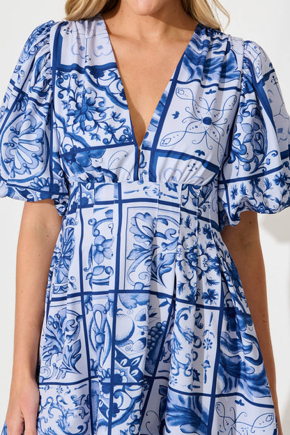 Daydream Dress In Blue Tile Print