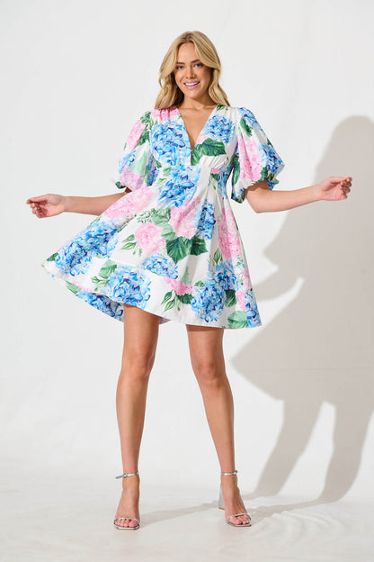 Daydream Dress In White With Pink And Blue Floral