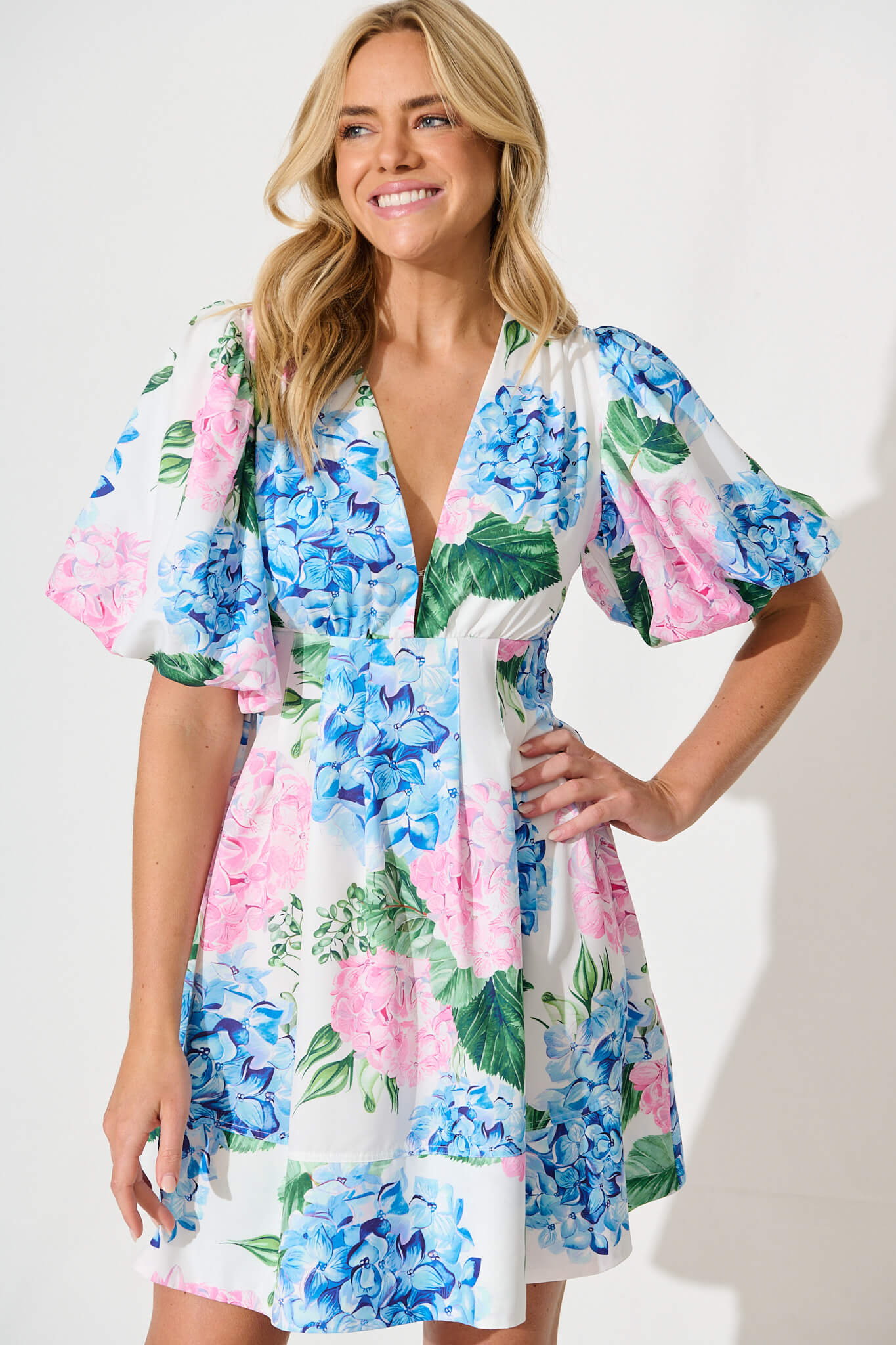 Daydream Dress In White With Pink And Blue Floral