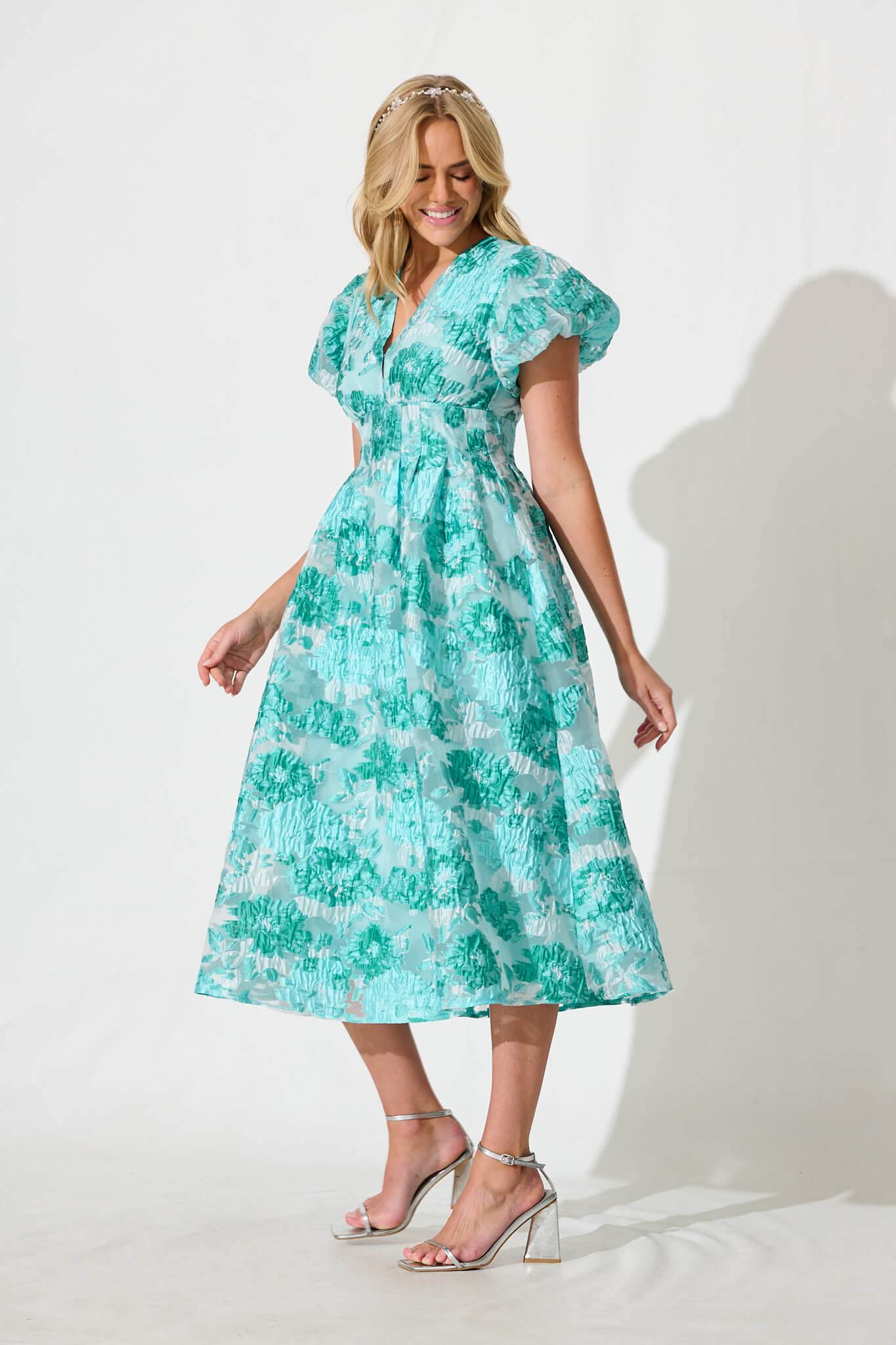 Cherish Midi Dress in Aqua Floral Organza Jacquard