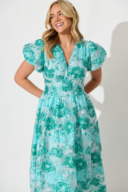 Cherish Midi Dress in Aqua Floral Organza Jacquard