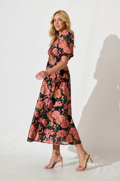 Opulence Midi Dress In Coral Floral Organza