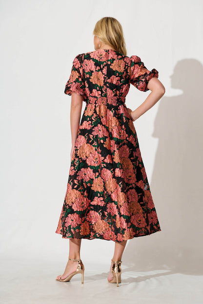 Opulence Midi Dress In Coral Floral Organza