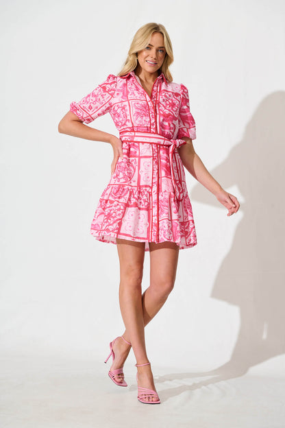 Aurelio Shirt Dress in Pink and Red Tile Print